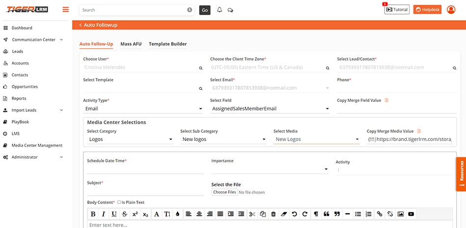 Image of a screen showing the auto follow up function in TigerLRM