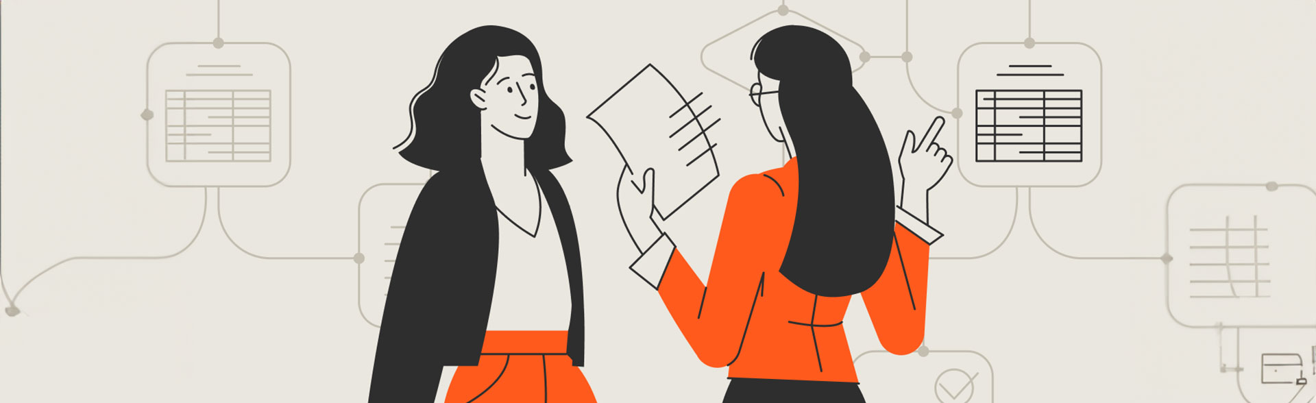 Drawing of coworkers looking over sales reports